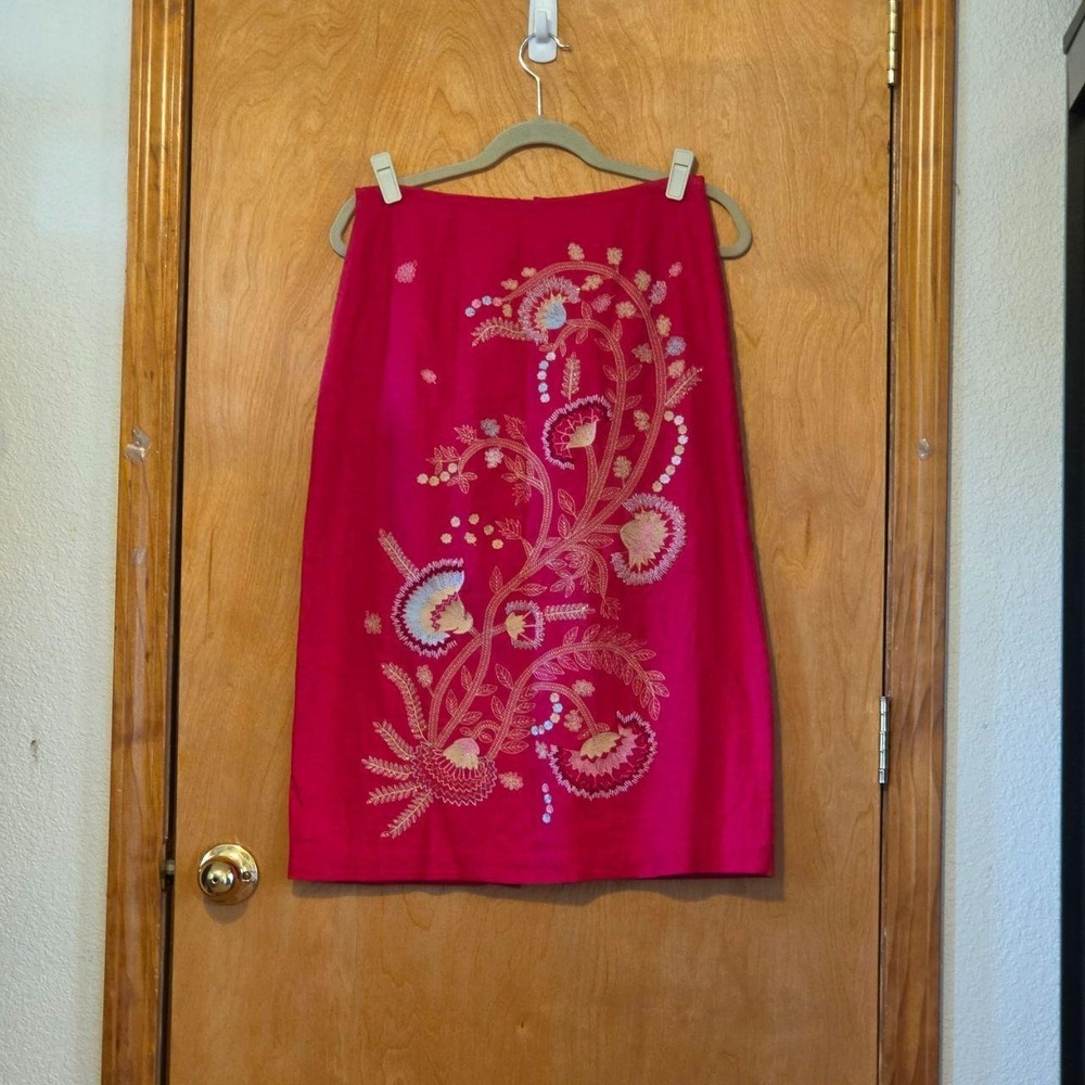 Richard Malcolm Embroidered Beaded Linen Blend Midi Skirt Red Floral Size 8
